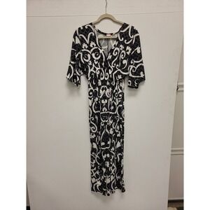 Flirty‎ Pink Dress Womens XL Black White Floral Print Maxi V Neck Short Sleeve